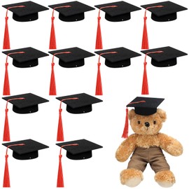 Foilswirl 12 Pcs Mini Graduation Cap with Tassel Mini Plush Toy Small Animal Bachelor Hat Photo Prop Accessory Graduation Party Supply(Red)