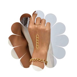 Inateannal Cuban Chain Finger Ring Bracelet Gold Slave Bracelet Chunky Chain Ring Wrist Bracelet Vintage Finger Bracelet Hand Harness Chain Bracelet Jewellery Women and Girls Gifts