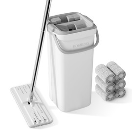 BOSHENG Mop and Bucket Set, Flat Mops for Floor Cleaning, Wall Mop with 60" Extensible Handle, Hardwood Floor Mop with 6 Microfiber Pads