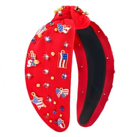 Gushu 4th of July Headband for Women, Fourth of July Red Knotted Patriotic Headband, Wide Top Knot Hair Band with Rhinestones, Beads and American Flag Charms, Memorial Independence Day Party Favors