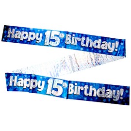 9ft Banner Happy 15th Birthday Blue Holographic