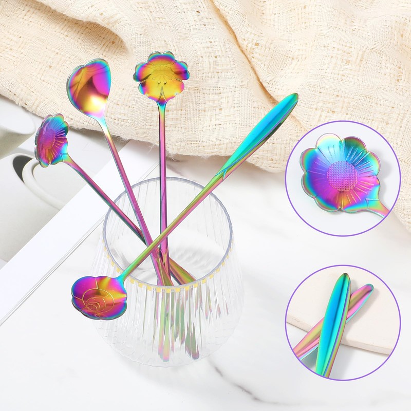 Flower Spoon Set Rainbow Stainless Steel Reusable Long Spoons Cute