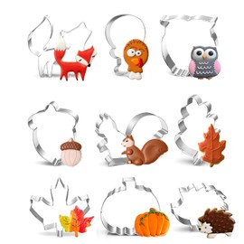 Autumn Cookie Cutters, 9 Pieces Thanksgiving Cookie Cutters, Stainless Steel DIY Fondant - Pumpkin Maple Leaves Oak Leaf Hedgehog Squirrel Fox Owl Pattern for Party Baking Thanksgiving
