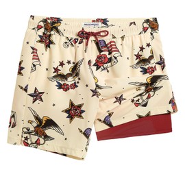 maamgic 7 Inch Mens Swim Trunks with Compression Liner Board Shorts with Zippered Pocket Bathing Suit for Beach Vacation Beige and Red Eagle American Flag Medium