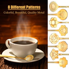 Chengu - Juego de 8 cucharas de té de café con flores, de acero inoxidable, para fiestas de té, flores, juego de vajilla de lujo, barra de remoción, cucharadita creativa, 8 patrones diferentes (dorado