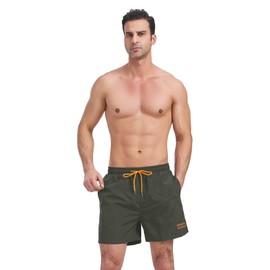 Ougelebo Men's Swimming Trunks with Zip Pocket, Quick-Drying, Army Green