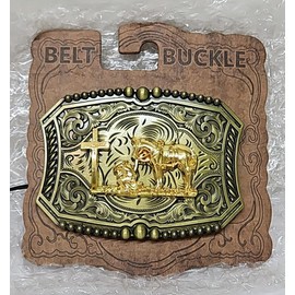 Unbranded Western Belt Buckle Gold Tone Praying Cowboy Kneeling At Cross Antique Bronze