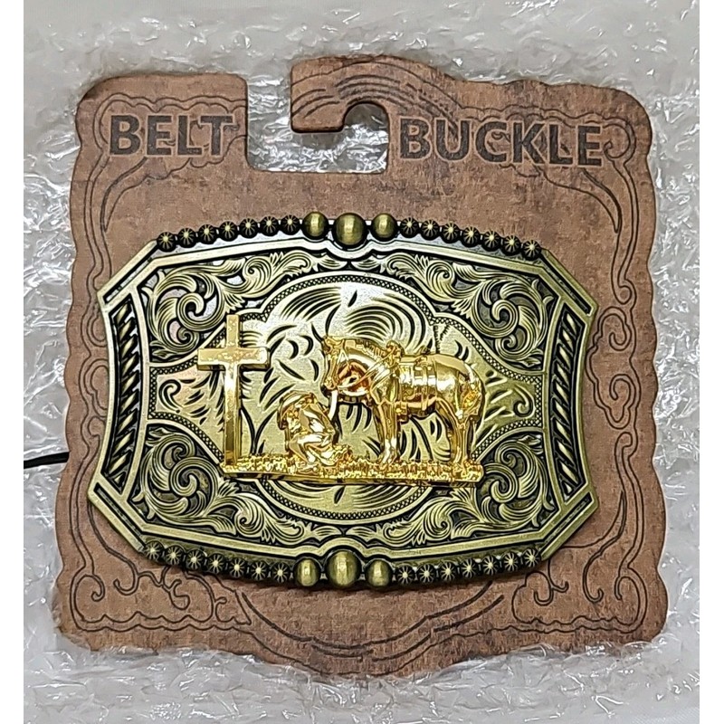 Unbranded Western Belt Buckle Gold Tone Praying Cowboy Kneeling At