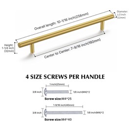 Haliwu 10 Pack Cabinet Handles Brass Gold Cabinet Pulls 7-1/2 Inch Hole Center Drawer Pulls Modern Bar Dresser Handles for Bathroom Kitchen Bedroom