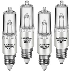 Lachesan JDE11 120v 75w, E11 Halogen Bulb（Replacement E11 Led Bulb） T4 Mini Candelabra Base, 2700K Warm White Dimmable for Chandeliers, Ceiling Fan, Table Lamps, Cabinet Lighting, 4 Pack