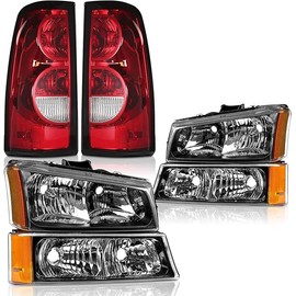 Headlights Tail Lights Combo Compatible with 2003-2006 Chevy Silverado 1500 2500 3500, 07 Chevy Silverado Classic Replacement Head light Rear Brake Lamp Assembly, Black Housing Amber Corner