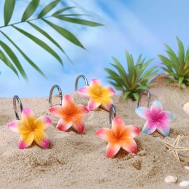 Shower Curtain Hooks Decorative Metal Shower Curtain Rings Rust Proof Shower Hooks for Curtain Tropical Summer Hawaiian Plumeria Bathroom Decoration Flower Shower Rod Hooks Pack of 12