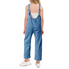 Haloumoning Girls' Denim Overall Jumpsuits Sleeveless V Neck Adjustable Straps Jeans Pants Jumpers with Pockets