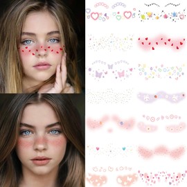 RUSTAMM 14 Sheets Face Temporary Tattoos Stickers for Girl Women,Glitter Cute Realistic Freckle Butterfly Heart Flower Makeup Waterproof Art Props Decorations Accessories