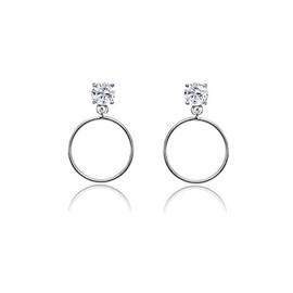 Sterling Silver 4mm Cubic Zirconia Dangling Round Hoop Stud Earrings