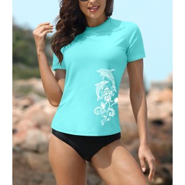 BesserBay Women's Short-Sleeved Rash Guard with Beautiful Patterns, UV Shirt Tankini, UPF 50+, S-XXL, blue, xl