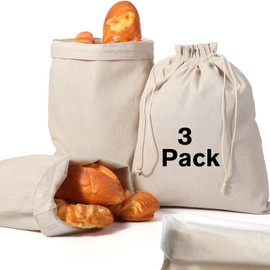 Nitial 3 Pack Linen Bread Bags for Homemade Bread, 17 x 13 Sourdough Bags with Inner Lining Drawstring Reusable Natural Large Storage for Farmhouse Bakers, House Warming Gift