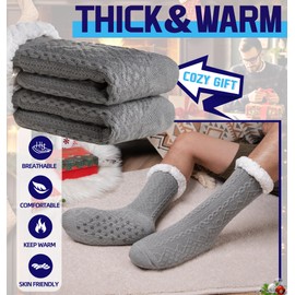 DoSmart Mens Fuzzy Slipper Socks Fleece Cozy Winter Warm Non Slip Socks Soft Fluffy Indoor Christmas Grips Socks(Light Grey Rhombus)