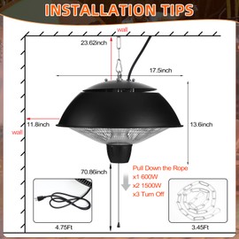 Glooglitter Hanging Patio Heater 1500w Outdoor/Indoor Electric Infrared Hanging Ceiling Heater with Storage Bag 3s Fast Heating, Quiet, Adjustable Chain, for Home Porch Gazebo Balcony Garage Studio