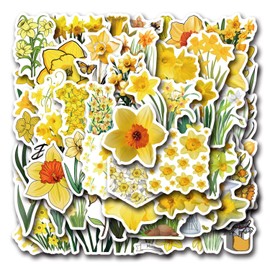Cute Daffodil Flower Aesthetic Stickers for Scrapbook, 60PCS Yellow Daffo-dil Waterproof Stickers for Water Bottles Laptop Journal, Plant Decals for Girls Adults, Flower Party Favors (Daffodil)