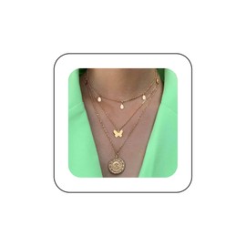 Xduargs Boho Layered Sequins Coin Necklace Vintage Butterfly Disc Pendant Necklace Gold Coin Disc Pendant Necklace Multilayered Sequins Coins Chain Necklace Jewelry for Women and Girls