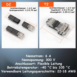 Leloco 2-Pin Cable Connector Plug, T Connector 2 Pin, Car Connector Quick Cable Connector Connections 18-22 AWG Cable Connector Waterproof (T2 Pack of 10, D2 10 Pieces)