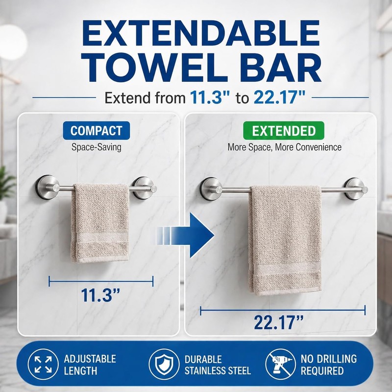 Adjustable Suction Cup Towel Bar, 11.3-22.17 Inch Brushed Nickel