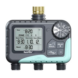 RAINPOINT 3 Zone Sprinkler Timer with Brass Inlet, Water Timer for Garden Hose,Rain Delay/Manual/Automatic Watering System, Hose,Hose Timers for Watering with IP65 Waterproof, Large LCD for Yard