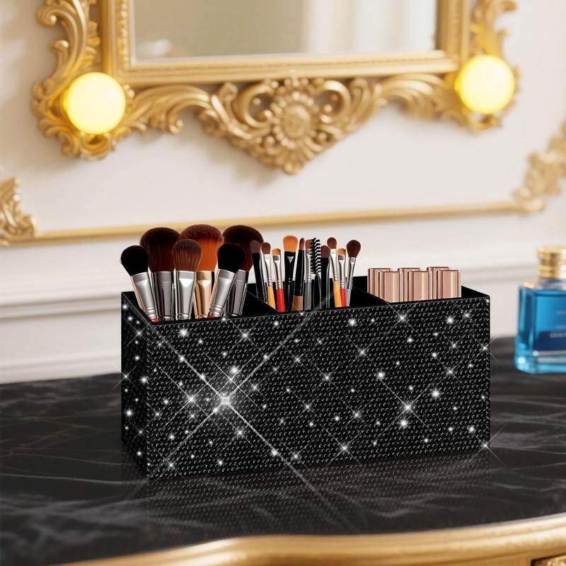 Bling Makeup Brush Holder Organizer, 3 Slot Sparkle Cosmetics Brushes