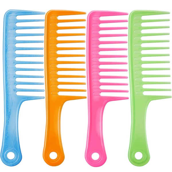 TecUnite 4 Pieces 9 1/2 Inches Anti-static Large Tooth Detangle Comb, Wide Tooth Hair Comb Salon Shampoo Comb for Thick Hair Long Hair and Curly Hair (Blue, Orange, Pink and Green)