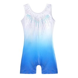 XiaoMoSha Gymnastikanzug für Mädchen, ärmellos, Einteiler, Tanzoutfit für Kinder, Farbverlauf, glitzernder Regenbogen-Turnanzug für kleine Mädchen von 2–10 Jahren, blau, 7-8 Jahre