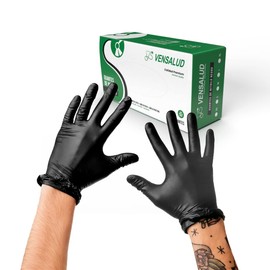 VENSALUD Disposable Nitrile Gloves, Dust-Free, Durable, for Laboratories, Sanitary, Kitchen, Tattoo Studios, Vets, Cleaning, Examination, Latex-Free, Pack of 100, Black, Size XL
