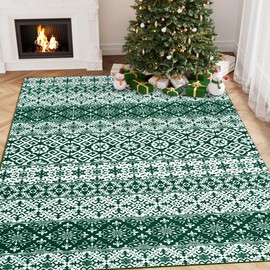 WondRg Christmas Area Rug 5x7 Green Snowflake Holiday Decorative Living Room Bedroom Throw Rug Washable Non Slip Soft Low Pile Carpet for Kitchen Entryway Dining Room Bathroom Home Decor