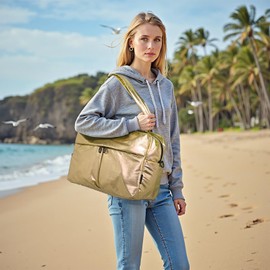 DTGN Compact Travel Duffel Bag for Women, 30L Gym Bag - Stylish Weekender Bag with Shoe Pocket, TSA-Approved Carry-On for Airplane, Fitness, Weekend Getaway(Gold)