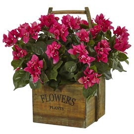 Nearly Natural Rustic Wood Bougainvillea Flowering Plant in Planter, 20 in. W x 20 in. D x 18 in. H, Pink