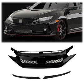 PIT66 Front Bumper Mesh Hood Grill Grille Trim + 2Pcs Eye Lid Eyebrow Compatible with 2019-2020 Honda Civic Type-R Style
