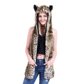 TopTie Faux Fur Hat Scarf Full Pockets Ear Flat Cap Hoodie Furry Mittens Winter Skiing Party Costume-Cheetah