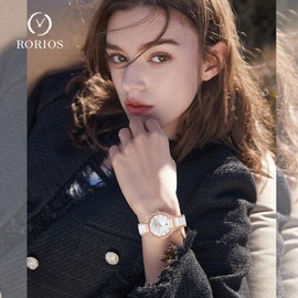 rorios Women's Mother of Pearl Dial Watches Elegant Diamond Wrist Watch Women Date Calendar Watch Analogue Quartz Waterproof Watch, White, Bracelet