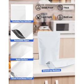 100 Pack Resealable Stand Up Bags,7.9" x 11.8" Smell Proof Pouch Sealable Foil Pouch Bags for Packaging (White)