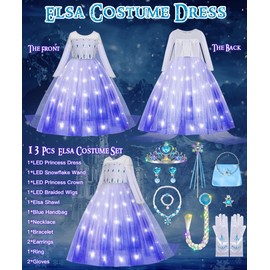 COYBTO Princess Costumes for Girls, LED Light Up Elsa Anna Dress Up with Luminous Crown Necklace Sets, Elsa Anna Princess Dress, Elsa Costume Kids Fancy Dress for Carnival Party