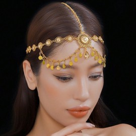 Ypkia Baroque Head Chain Gold Tassels with Crystal Pendant Bridal Headpiece for Wedding Dance Party Carnival Theme Party, Metal