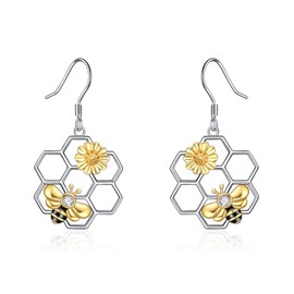 LUHE Honeycomb with Bee Stud Earrings 925 Sterling Silver Beehive and Bee Earrings for Women (bee earrings) (B-Bee earrings)