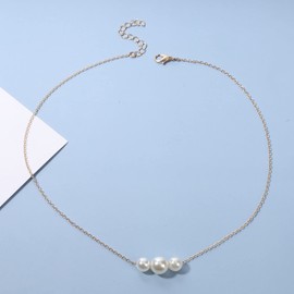 Yheakne Boho Pearl Pendant Choker Gold Necklace Tiny Pearl Floating Wedding Necklace Women and Girls Gifts