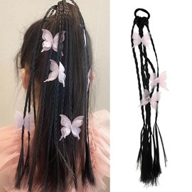 Braids Hair Extensions for Kids Pink Butterfly Braided Hairpieces with Rubber Bands Long Braided Ponytail Extension with Hair Ties for Girls Toddlers Cosplay Hair Accessories for Birthday Party Prom