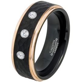 0.21ct Diamond 3-Stone Tungsten Ring - April Birthstone - 8MM Two-tone Black Hammered Center Rose Gold IP Stepped Edge Comfort Fit Unisex Wedding Anniversary Band -11