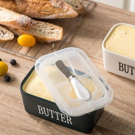 Ceramic Butter Dish with Cover for Countertop, Butter Holder Keeper Container for Refrigerator, Airtight Sealing for Butter Fresh,Large Butter Dish with Lid (Black, Extra Large)