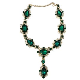 Secret for Longevity Extra Large Victorian Art Deco Antique Retro Vintage Style Gold Tone Dark Green Hunter Emerald Rhinestone Chunky Statement Wedding Bridal Prom Drag Queen Pageant Necklace, crystal