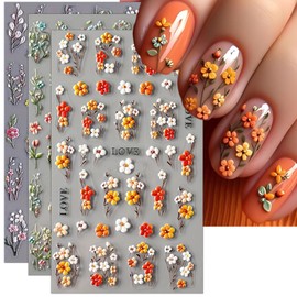 IDDFEVE Embossed Flower Nail Art Stickers - Orange Floral Leaf Self-Adhesive 5D Nail Decals for DIY Spring Summer Manicure (3 Sheets)