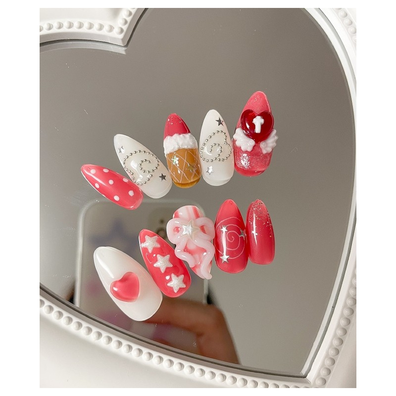 Strawberry Parfait Homemade Nail Tips - Almond / 딸기 파르페