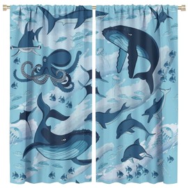 Shark Curtains, Marine Mammal Inhabitants Whale Dolphin Octopus Jellyfish Starfish Wave Image, Kids Bedroom Nursery Window Decor Curtains, One Panel Set, 42x45 Inch. Blue